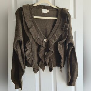 Elegant Ruffled Cardigan in Rich Brown